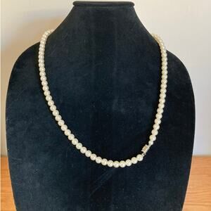 Vintage 1960s Faux Pearl Necklace with Bow Clasp | 27" long